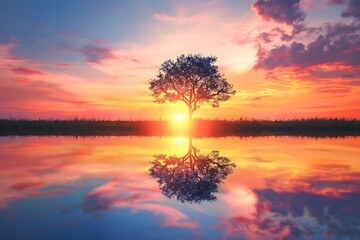 : A serene scene of a tranquil pond reflecting the vibrant colors of a sunset, with a lone tree in the center - Powered by Adobe