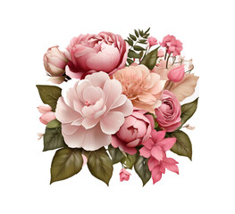 pink flower bouquet with dusty pink and cream roses, peonies, hydrangeas, and tropical leaves. Spring bouquets isolated on a transparent background