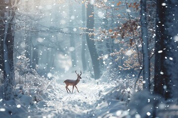 : A serene scene of a snow-covered forest, with a deer walking cautiously through the woods, with snowflakes gently falling all around