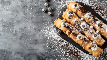 Typical homemade Cannoli from Sicily on gray background