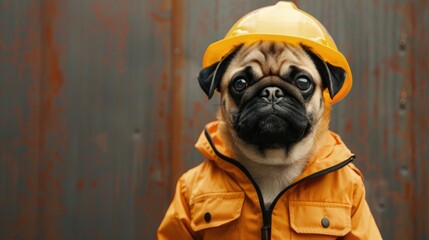 Pug in a construction worker outfit with a tiny hard hat