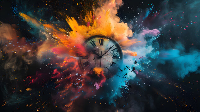 A clock exploding with a variety of hues. symbolizing the value and passage of time. The dark backdrop highlights the intense colors of its explosion. Contrast is formed by the black space around it. 