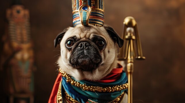 Pug dressed as a pharaoh with a headdress and scepter