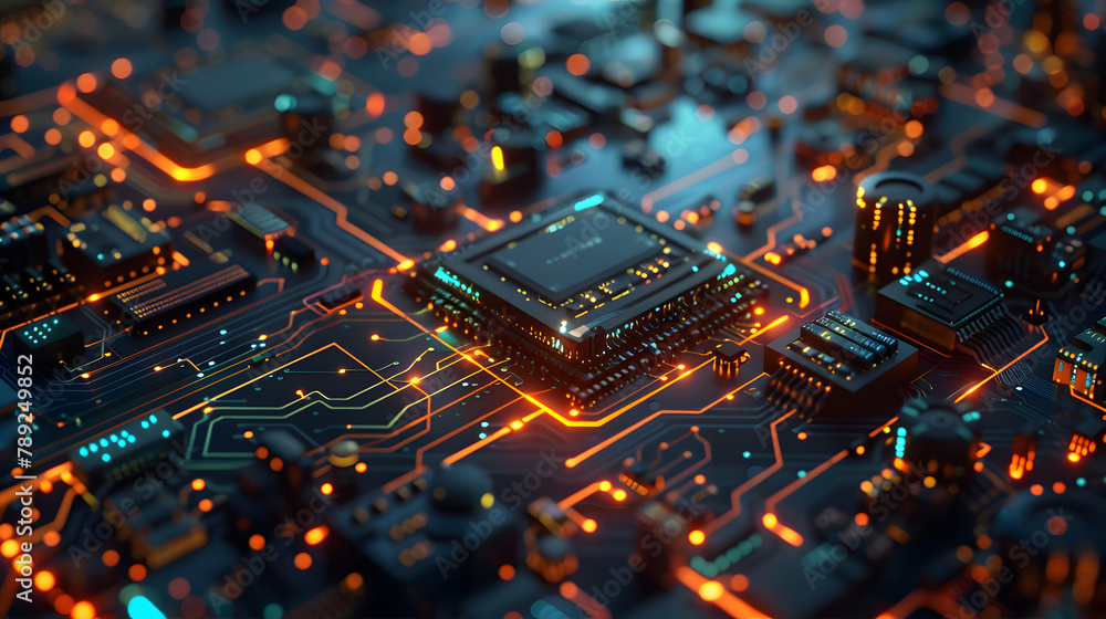 Poster a close inspection of a high-tech semiconductor on the circuit board. showing off its intricate layo