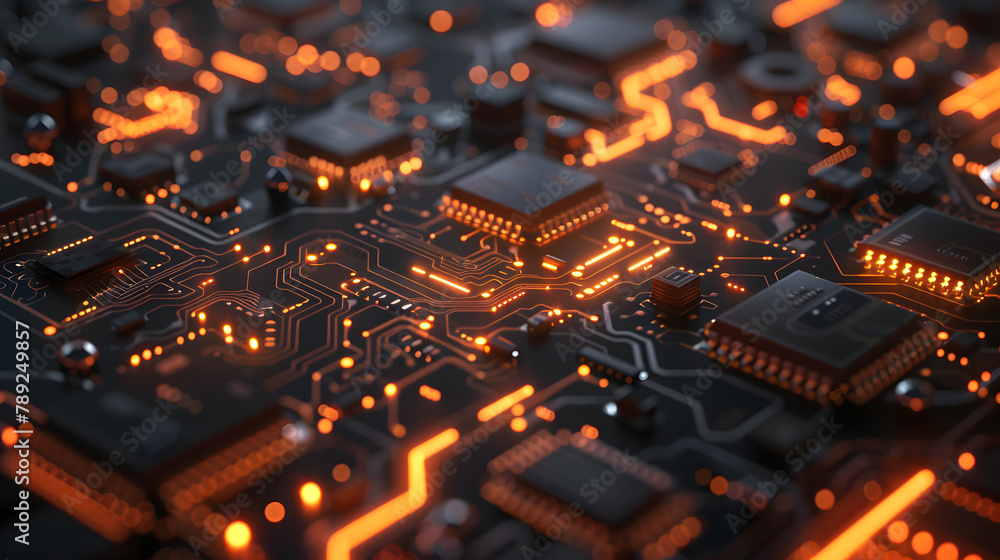 Poster a close inspection of a high-tech semiconductor on the circuit board. showing off its intricate layo
