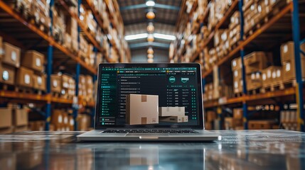Modern laptop with open lid on reflective table in futuristic warehouse interior - obrazy, fototapety, plakaty