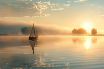 : A serene scene of a small boat sailing on a calm lake, with a misty shoreline in the distance,...