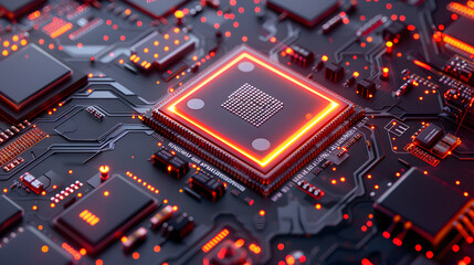 A closeup of an advanced chip on the board. showcasing its intricate design and glowing elements. The background is dark with subtle lighting effects highlighting the chip's features