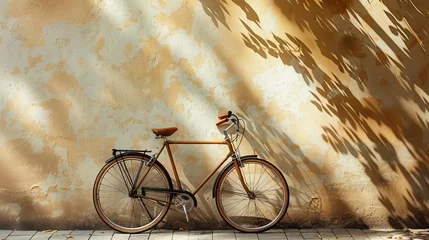 Fototapete Fahrrad Vintage bicycle against weathered brick wall in warm sunlight, evoking nostalgia and charm.