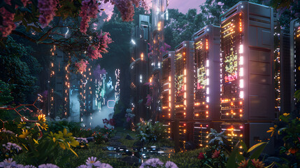 A cloud storage facility with hydroelectric dams and geothermal plants in the backdrop. encircled by a lush forest and neon lights on one side