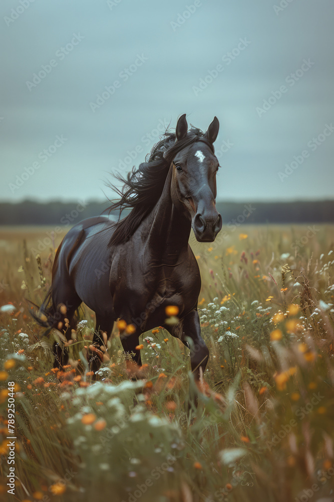 Poster A horse endowed with delicate dragonfly wings, darting across fields with barely a touch to the gras