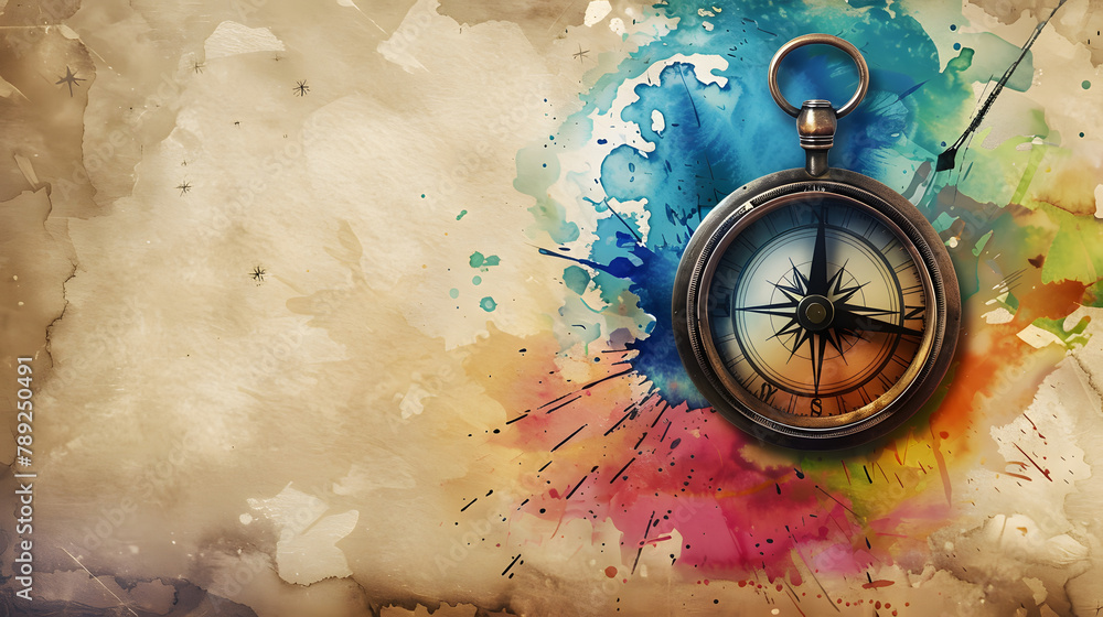 Poster a compass pointing towards a splash of bright colors. symbolizing direction and exploration. the par