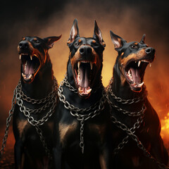 doberman dog barking in hell with chain thunder on the background сreated with Generative Ai