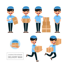 Men's Delivery Man Collection: Blue Uniform and Parcel Boxes Vector Illustration