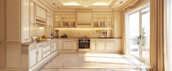 Luxury kitchen interior in light beige color with back splash trim and tile floor - obrazy, fototapety, plakaty