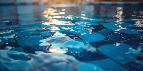 Close up of swimming pool water with blue tile texture background,banner, summer holiday 