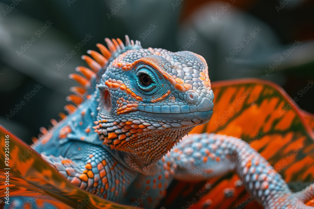 Poster a photograph capturing a lizard with scales that act as solar cells, powering the small computer emb