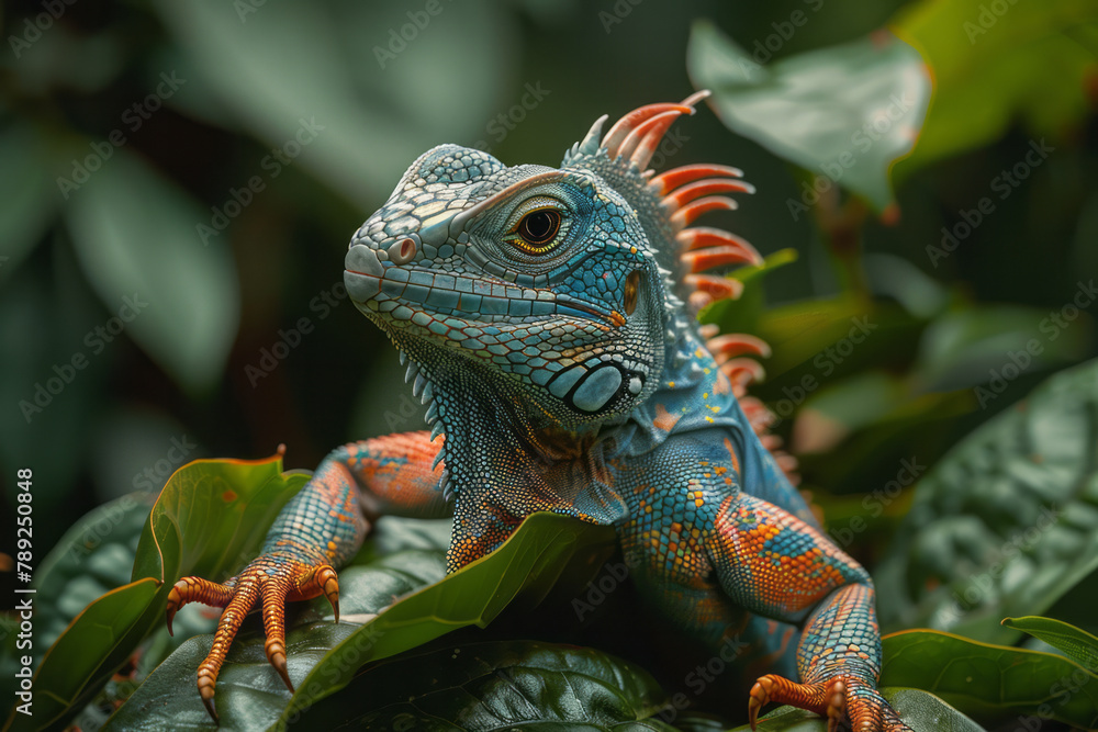Poster a photograph capturing a lizard with scales that act as solar cells, powering the small computer emb