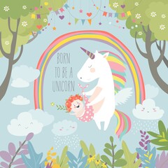 Cute unicorn with baby - obrazy, fototapety, plakaty