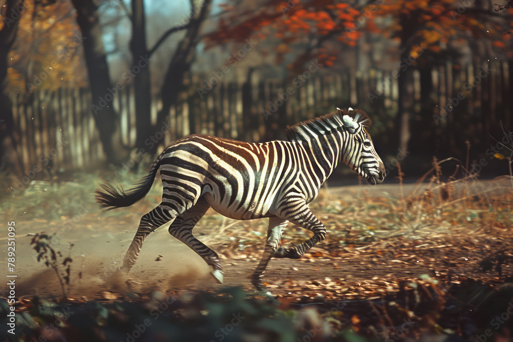 Poster a photograph capturing a zebra with stripes that periodically change colors like a chameleon, adapti