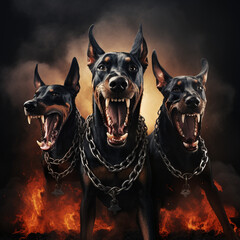 doberman dog barking in hell with chain thunder on the background сreated with Generative Ai - obrazy, fototapety, plakaty