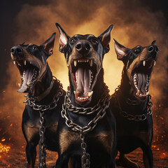 doberman dog barking in hell with chain thunder on the background сreated with Generative Ai