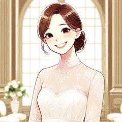 Cartoon Woman Smiling, Short Brown Hair, in Light Lace Dress, Room Interior Background with Daylight
