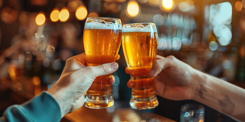 Closeup of hands toasting beer glasses in bar with friends during evening party, celebrating and having fun together,, people cheering, cheers, happy moment, nightclub,  - obrazy, fototapety, plakaty