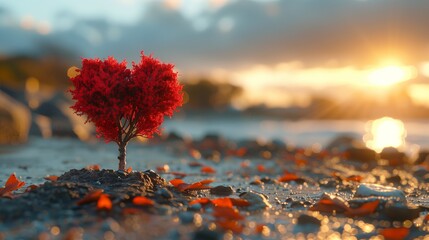 A tiny heartshaped tree sprouts from the earth in a stunning natural landscape - obrazy, fototapety, plakaty