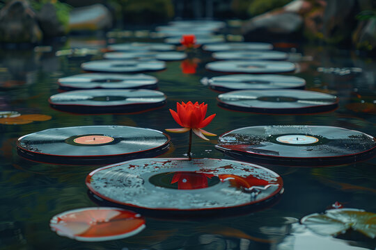 A photograph capturing a pond where each lily pad is a vinyl record, spinning gently in the water. 3