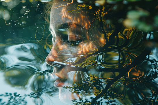A photograph capturing a person's reflection in a pond where their face merges with the reflection o