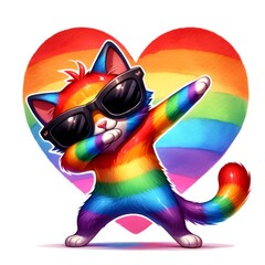 A cartoon cat wearing sunglasses and dabbing with a rainbow heart in the background