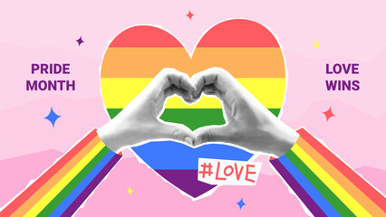 Vector collage for Pride Month. Greeting banner with halftone hands making heart sign. Collage with rainbow heart, cut out paper elements, halftone hands and doodles for decoration of LGBT events. - obrazy, fototapety, plakaty