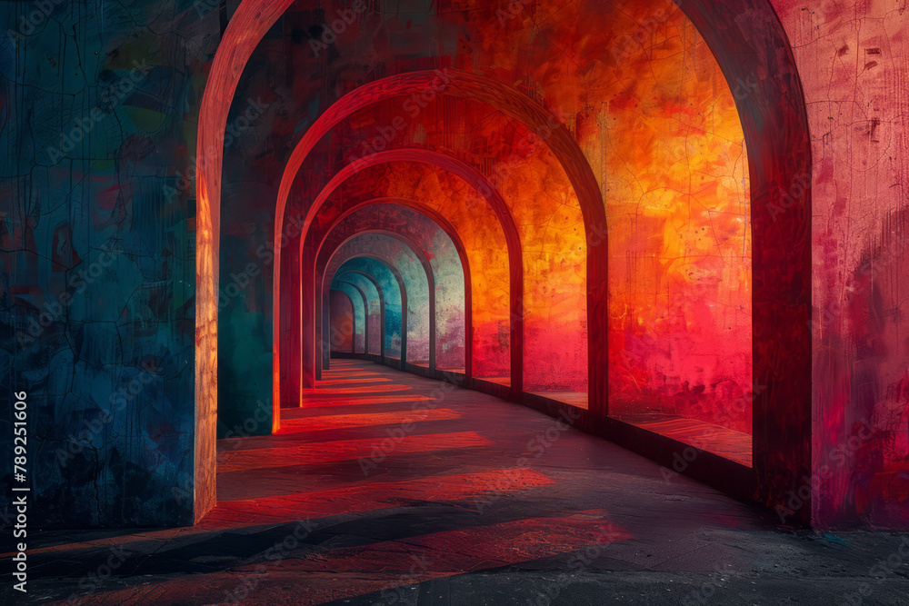 Fototapete a photograph of a mural where the use of perspective and gradient colors create a tunnel effect, dra