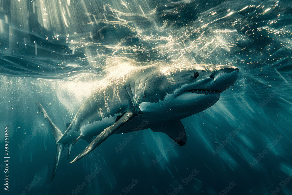 Poster a photograph of a shark with a mechanical fin that can propel it at high speeds, making it an effici