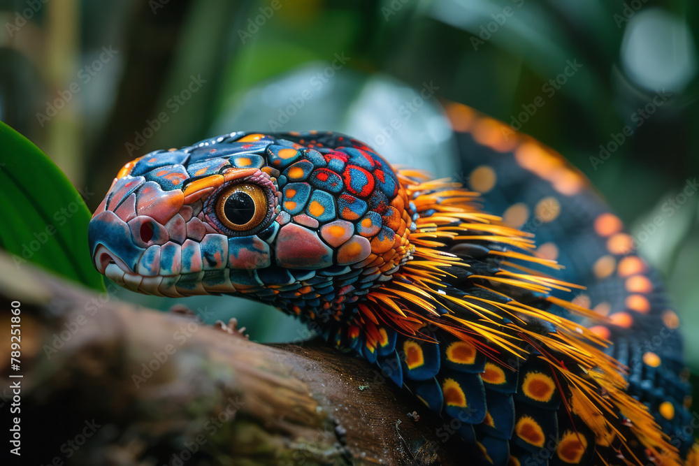 Aufkleber a photograph of a snake with a colorful plumage of feathers along its back, slithering through a rai
