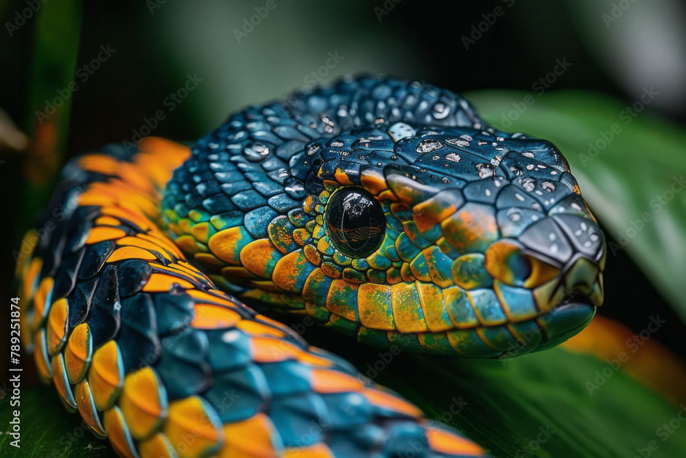 Poster a photograph of a snake with a colorful plumage of feathers along its back, slithering through a rai