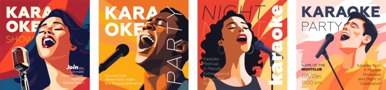 Karaoke party show square banner set. Music night club festival drawing art prints. People sing song into mic. Musical event flyer template with singing person. Trendy typography cover vector design