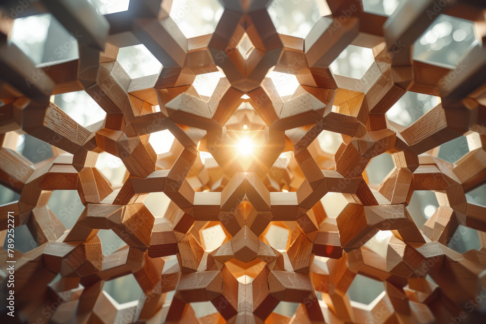 Poster A scene capturing the installation of a ceiling fixture composed of numerous interlocking geometric