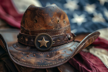 Western cowboy hat and American flag backdrop. Generative AI image
