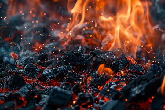 Glowing Embers and Flames in a Fire Pit. Generative AI image