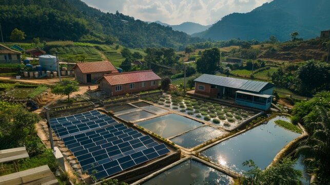 Aerial view of Solar panel, photovoltaic, alternative electricity source - concept of sustainable resources on a sunny day, Phuoc Dinh, Ninh Phuoc, Ninh Thuan, Vietnam
