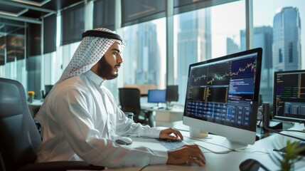Arab Market Financial Analyst Working in a Research and Development Facility on a Desktop Computer. Focused Middle Eastern Specialist Managing Corporate Investment Portfolio in Modern Office - obrazy, fototapety, plakaty