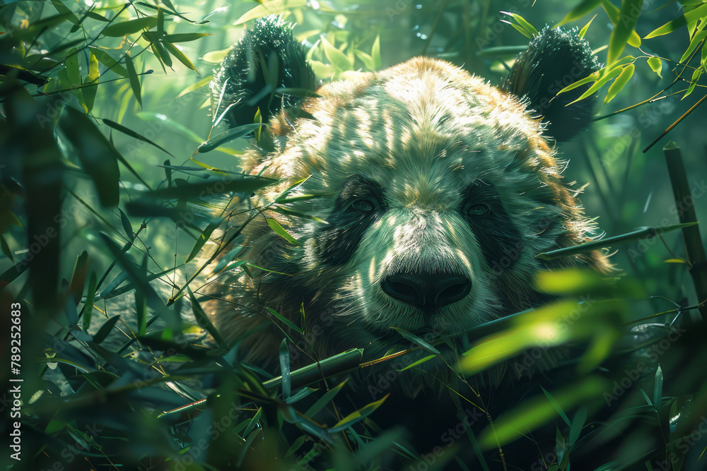 Poster a scene illustrating a panda with a digestive system enhanced by nanotechnology, allowing it to deri