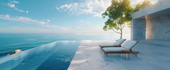 Minimal loft style swimming pool terrace with sea view 3d render,there are concrete floor and wall, decorate with wooden chair,overlooking sea,island and sky view.