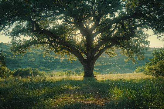 A depiction of a giant tree standing alone, its branches lush and green, offering shade that fades i