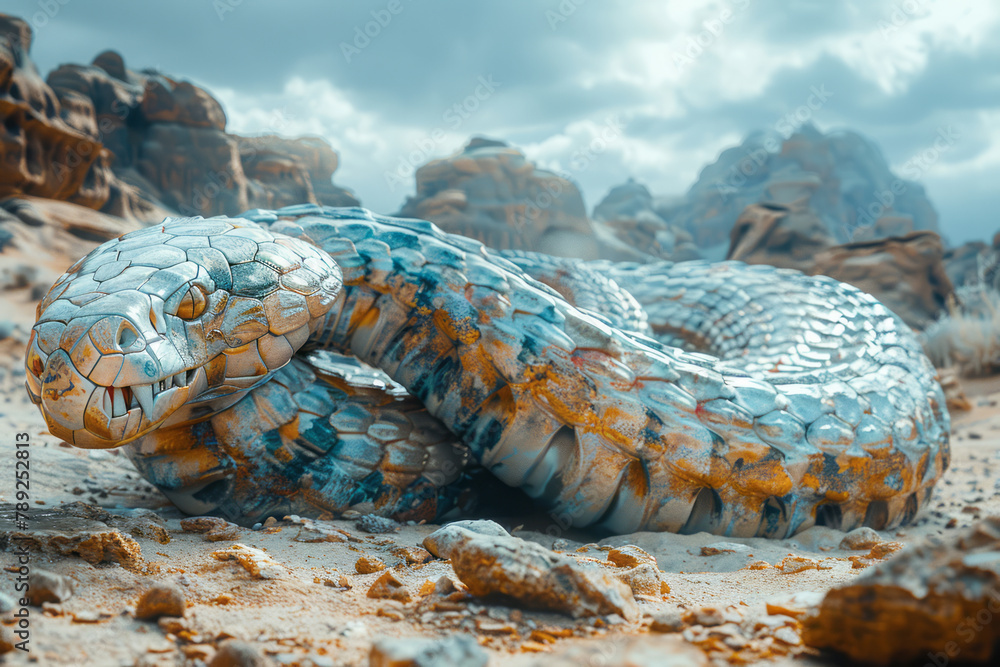 Poster a scene illustrating a snake with a flexible steel spine, allowing it to navigate through rugged ter