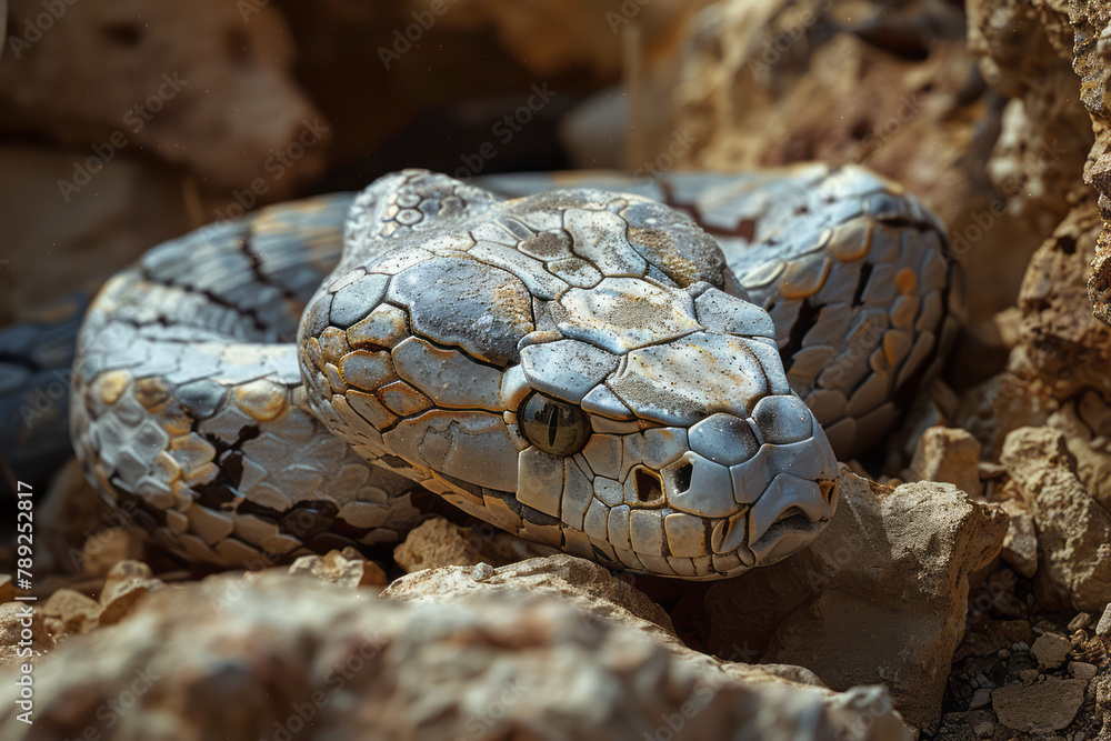 Poster a scene illustrating a snake with a flexible steel spine, allowing it to navigate through rugged ter