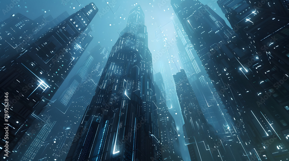 Poster a conceptual digital depiction of a skyscraper constructed from interlinked. radiant data flows and 