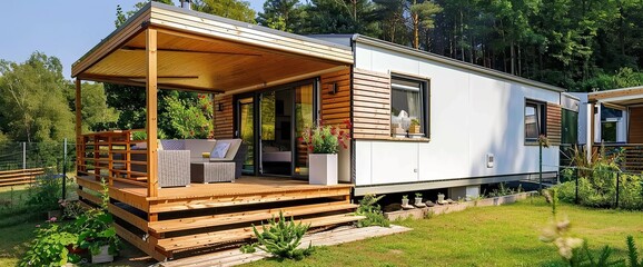 Mobile home with wooden terrace and garden